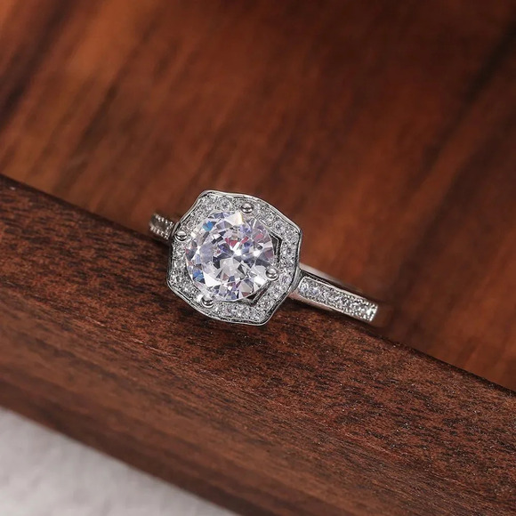 🌸Engagement Hollow Anillos Sparkling Round CZ Dainty Silver Rings, L133 - Picture 4 of 7